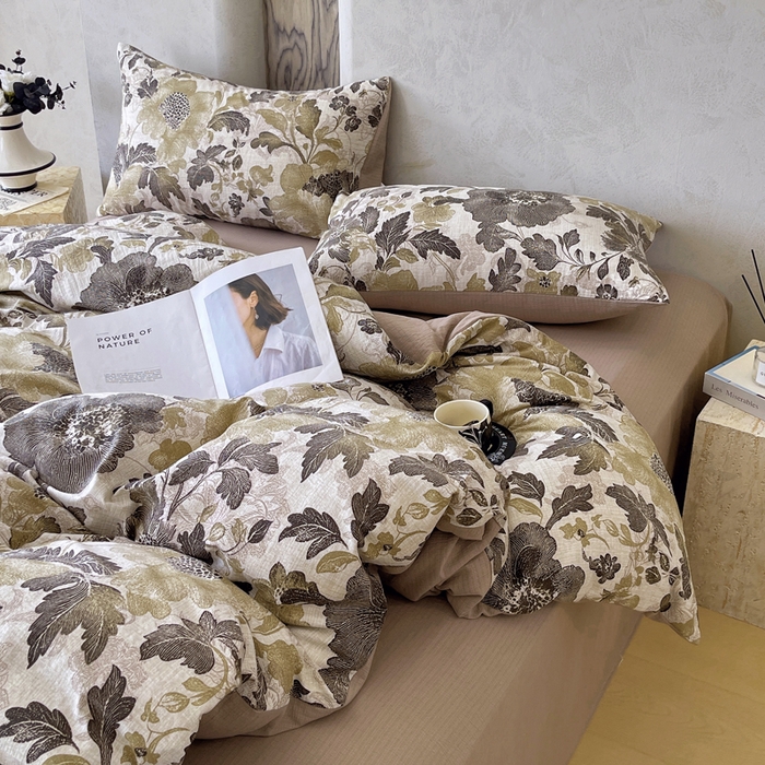 91家纺网 家纺一手货源 找家纺 宝士康家纺 2025秋冬新品高克重A类原麻暗合四件套复古加厚双层纱仿亚麻套件 墨蕊