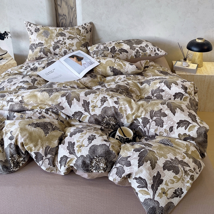 91家纺网 家纺一手货源 找家纺 宝士康家纺 2025秋冬新品高克重A类原麻暗合四件套复古加厚双层纱仿亚麻套件 墨蕊