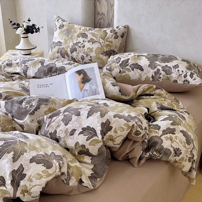 91家纺网 家纺一手货源 找家纺 宝士康家纺 2025秋冬新品高克重A类原麻暗合四件套复古加厚双层纱仿亚麻套件 墨蕊