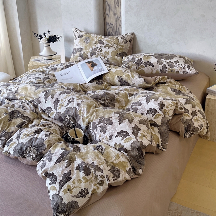 91家纺网 家纺一手货源 找家纺 宝士康家纺 2025秋冬新品高克重A类原麻暗合四件套复古加厚双层纱仿亚麻套件 墨蕊