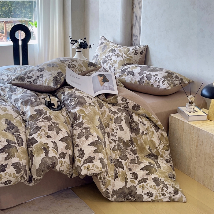 91家纺网 家纺一手货源 找家纺 宝士康家纺 2025秋冬新品高克重A类原麻暗合四件套复古加厚双层纱仿亚麻套件 墨蕊