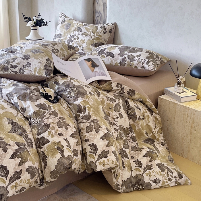 91家纺网 家纺一手货源 找家纺 宝士康家纺 2025秋冬新品高克重A类原麻暗合四件套复古加厚双层纱仿亚麻套件 墨蕊