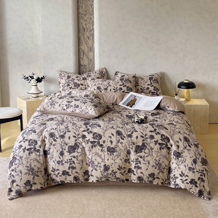 91家纺网 家纺一手货源 找家纺 宝士康家纺 2025秋冬新品高克重A类原麻暗合四件套复古加厚双层纱仿亚麻套件 墨影