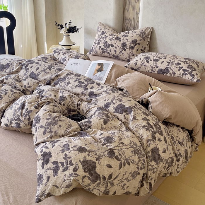 91家纺网 家纺一手货源 找家纺 宝士康家纺 2025秋冬新品高克重A类原麻暗合四件套复古加厚双层纱仿亚麻套件 墨影