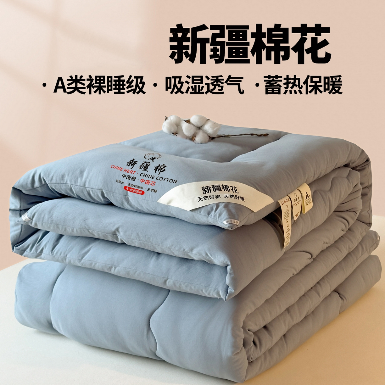 尊妙被业 2025新款新疆棉花被被子被芯冬被春秋被垫被二合一字母被复古蓝