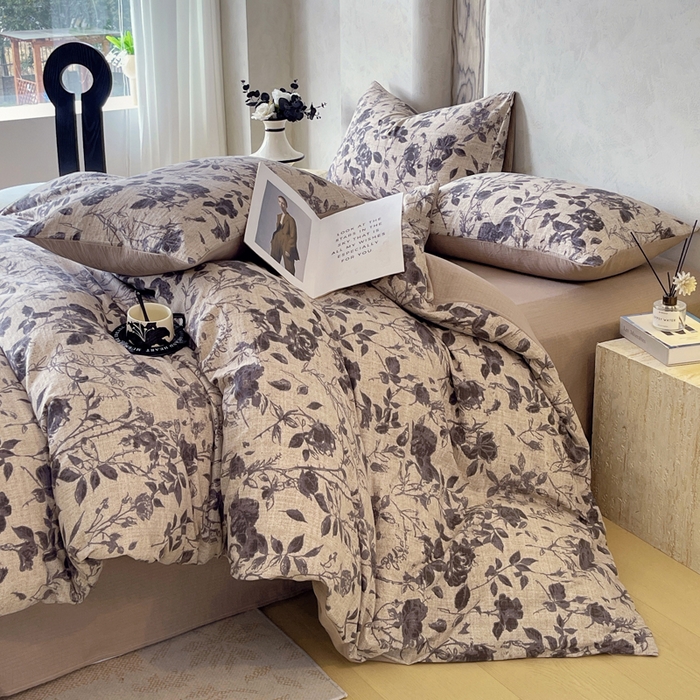 91家纺网 家纺一手货源 找家纺 宝士康家纺 2025秋冬新品高克重A类原麻暗合四件套复古加厚双层纱仿亚麻套件 墨影