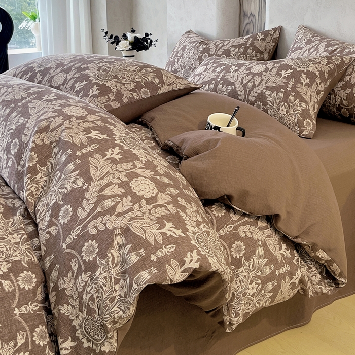 91家纺网 家纺一手货源 找家纺 宝士康家纺 2025秋冬新品高克重A类原麻暗合四件套复古加厚双层纱仿亚麻套件 青骊