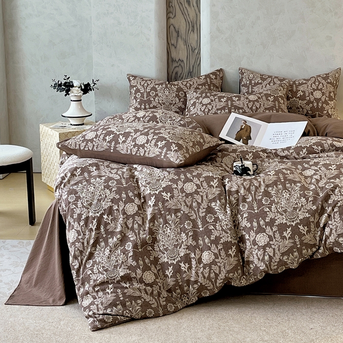 91家纺网 家纺一手货源 找家纺 宝士康家纺 2025秋冬新品高克重A类原麻暗合四件套复古加厚双层纱仿亚麻套件 青骊