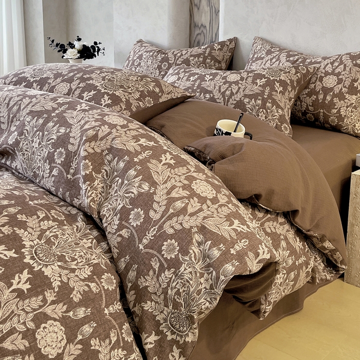 91家纺网 家纺一手货源 找家纺 宝士康家纺 2025秋冬新品高克重A类原麻暗合四件套复古加厚双层纱仿亚麻套件 青骊