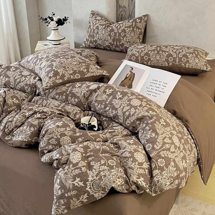 91家纺网 家纺一手货源 找家纺 宝士康家纺 2025秋冬新品高克重A类原麻暗合四件套复古加厚双层纱仿亚麻套件 青骊