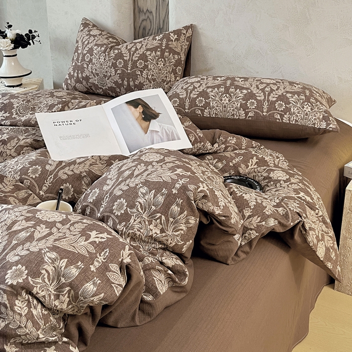 91家纺网 家纺一手货源 找家纺 宝士康家纺 2025秋冬新品高克重A类原麻暗合四件套复古加厚双层纱仿亚麻套件 青骊