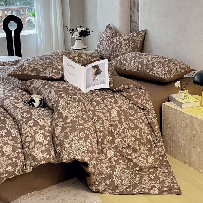 91家纺网 家纺一手货源 找家纺 宝士康家纺 2025秋冬新品高克重A类原麻暗合四件套复古加厚双层纱仿亚麻套件 青骊