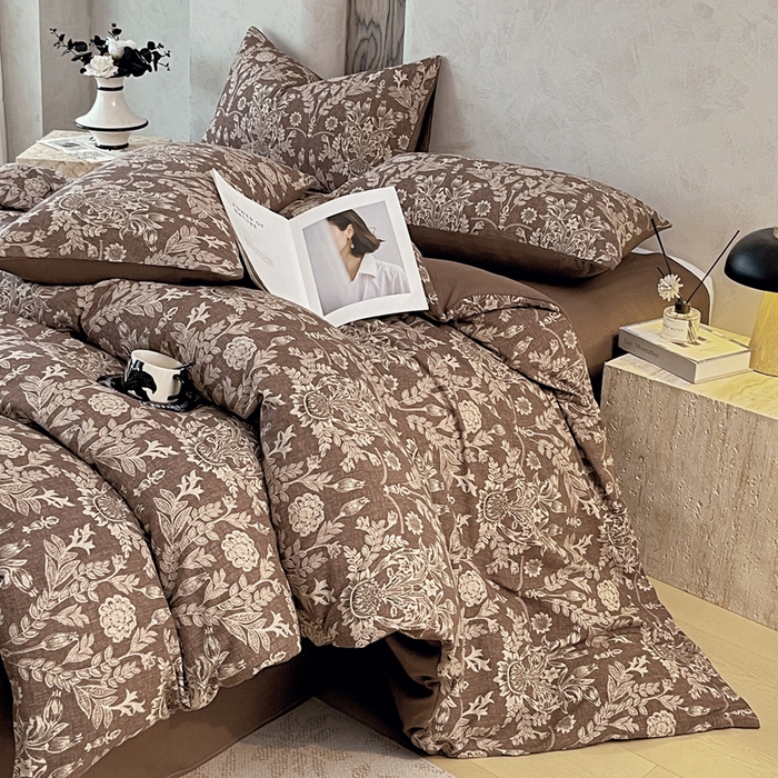 91家纺网 家纺一手货源 找家纺 宝士康家纺 2025秋冬新品高克重A类原麻暗合四件套复古加厚双层纱仿亚麻套件 青骊