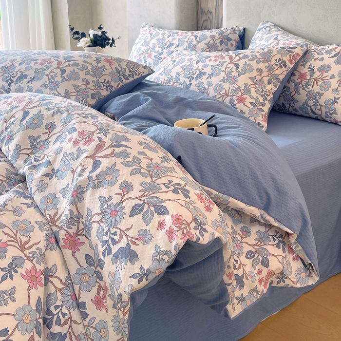 91家纺网 家纺一手货源 找家纺 宝士康家纺 2025秋冬新品高克重A类原麻暗合四件套复古加厚双层纱仿亚麻套件 青蔓