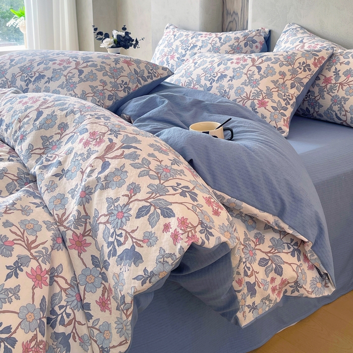 91家纺网 家纺一手货源 找家纺 宝士康家纺 2025秋冬新品高克重A类原麻暗合四件套复古加厚双层纱仿亚麻套件 青蔓