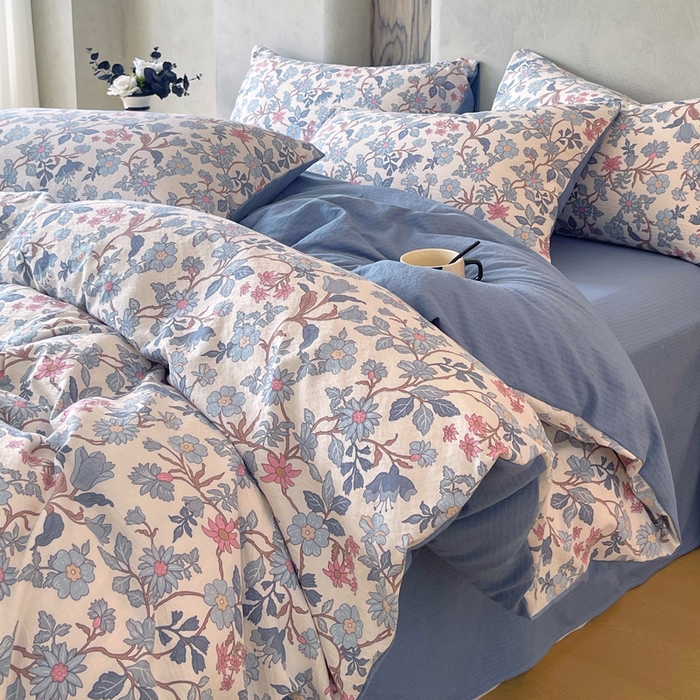 91家纺网 家纺一手货源 找家纺 宝士康家纺 2025秋冬新品高克重A类原麻暗合四件套复古加厚双层纱仿亚麻套件 青蔓