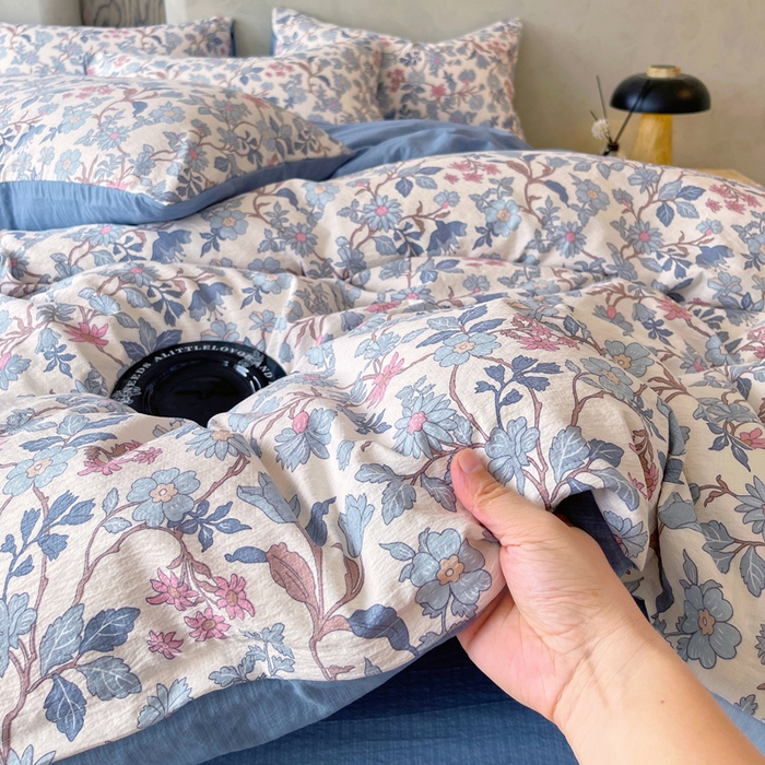 91家纺网 家纺一手货源 找家纺 宝士康家纺 2025秋冬新品高克重A类原麻暗合四件套复古加厚双层纱仿亚麻套件 青蔓