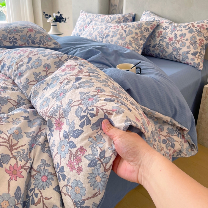 91家纺网 家纺一手货源 找家纺 宝士康家纺 2025秋冬新品高克重A类原麻暗合四件套复古加厚双层纱仿亚麻套件 青蔓