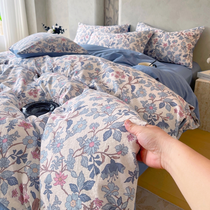 91家纺网 家纺一手货源 找家纺 宝士康家纺 2025秋冬新品高克重A类原麻暗合四件套复古加厚双层纱仿亚麻套件 青蔓