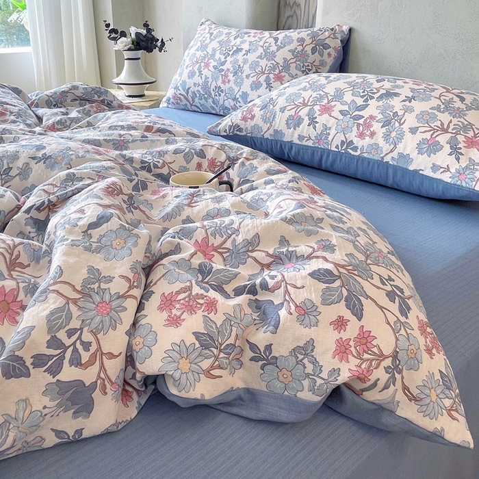 91家纺网 家纺一手货源 找家纺 宝士康家纺 2025秋冬新品高克重A类原麻暗合四件套复古加厚双层纱仿亚麻套件 青蔓