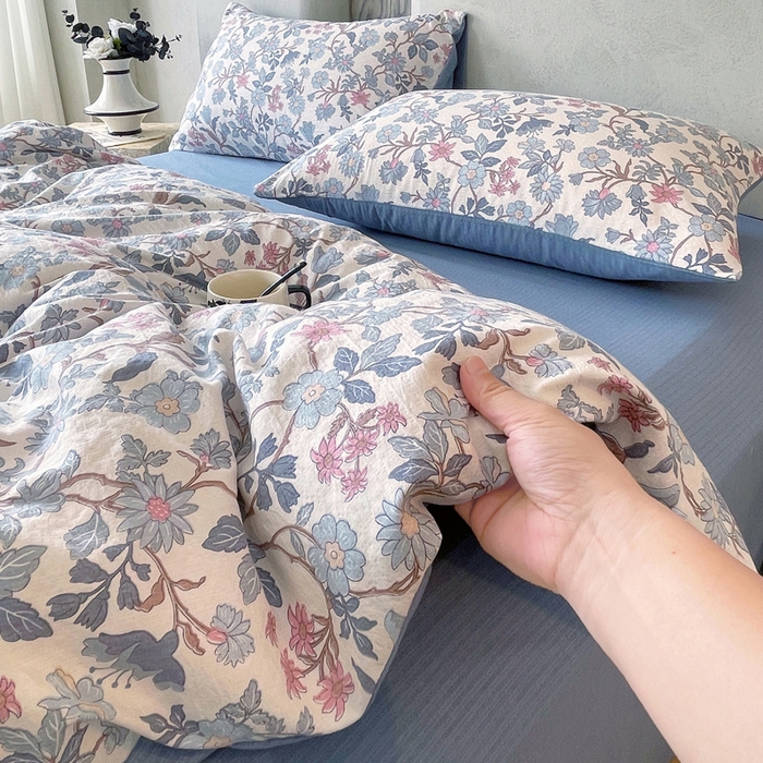 91家纺网 家纺一手货源 找家纺 宝士康家纺 2025秋冬新品高克重A类原麻暗合四件套复古加厚双层纱仿亚麻套件 青蔓