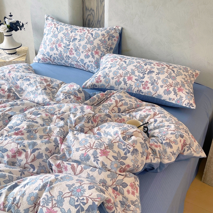 91家纺网 家纺一手货源 找家纺 宝士康家纺 2025秋冬新品高克重A类原麻暗合四件套复古加厚双层纱仿亚麻套件 青蔓