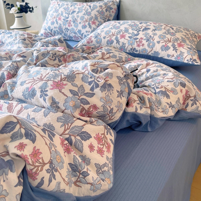 91家纺网 家纺一手货源 找家纺 宝士康家纺 2025秋冬新品高克重A类原麻暗合四件套复古加厚双层纱仿亚麻套件 青蔓