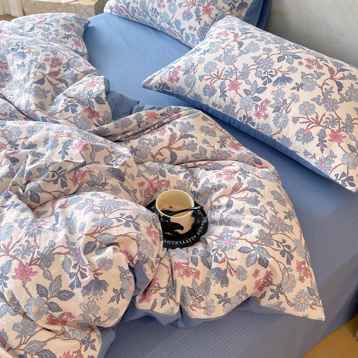 91家纺网 家纺一手货源 找家纺 宝士康家纺 2025秋冬新品高克重A类原麻暗合四件套复古加厚双层纱仿亚麻套件 青蔓