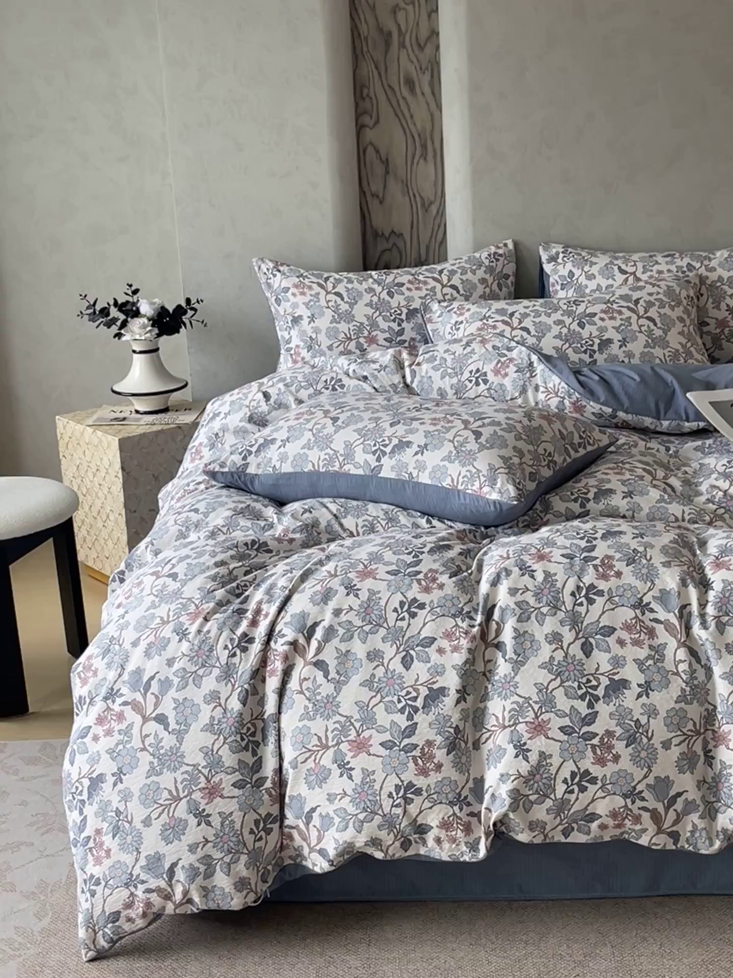 91家纺网 家纺一手货源 找家纺 宝士康家纺 2025秋冬新品高克重A类原麻暗合四件套复古加厚双层纱仿亚麻套件 青蔓