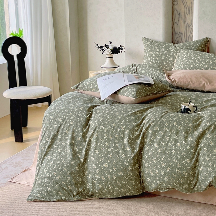 91家纺网 家纺一手货源 找家纺 宝士康家纺 2025秋冬新品高克重A类原麻暗合四件套复古加厚双层纱仿亚麻套件 森语