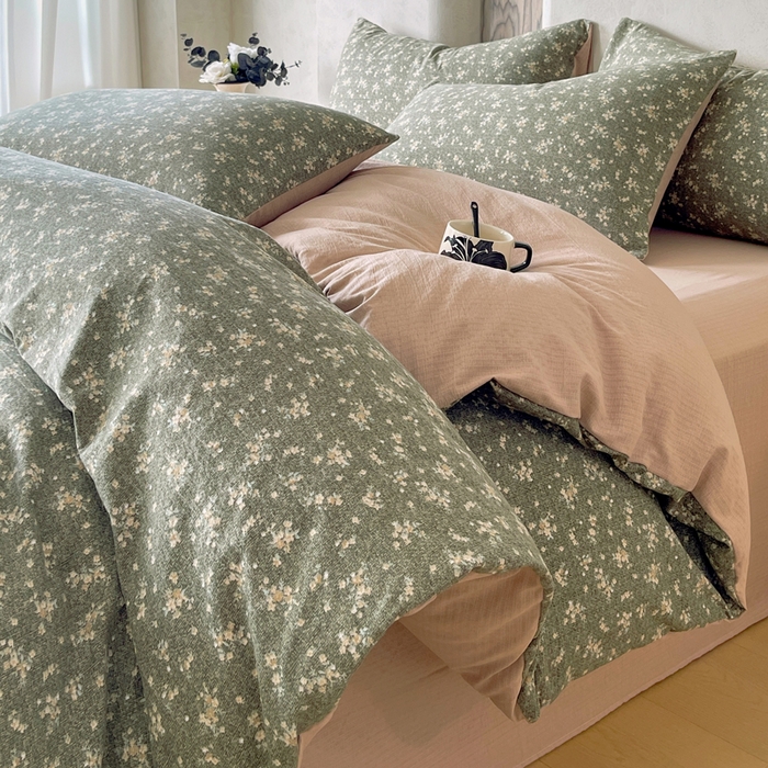 91家纺网 家纺一手货源 找家纺 宝士康家纺 2025秋冬新品高克重A类原麻暗合四件套复古加厚双层纱仿亚麻套件 森语