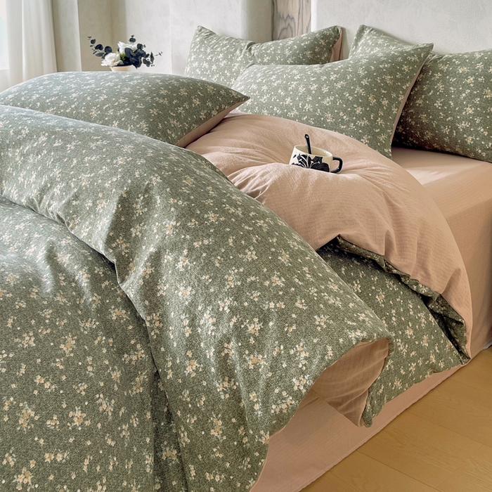 91家纺网 家纺一手货源 找家纺 宝士康家纺 2025秋冬新品高克重A类原麻暗合四件套复古加厚双层纱仿亚麻套件 森语