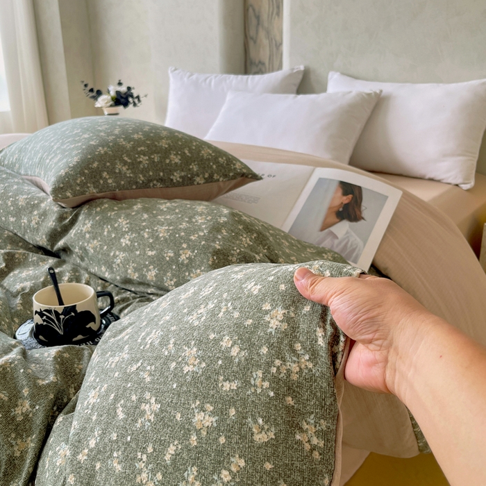 91家纺网 家纺一手货源 找家纺 宝士康家纺 2025秋冬新品高克重A类原麻暗合四件套复古加厚双层纱仿亚麻套件 森语