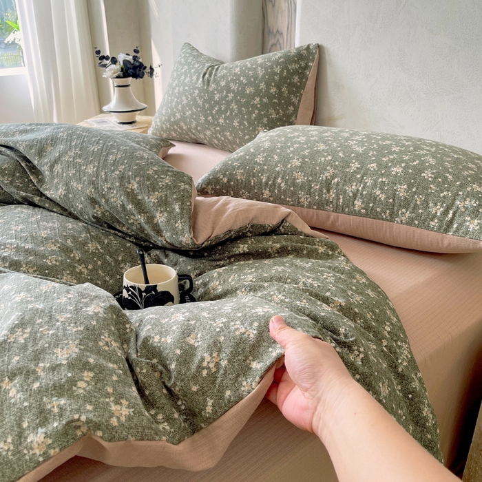 91家纺网 家纺一手货源 找家纺 宝士康家纺 2025秋冬新品高克重A类原麻暗合四件套复古加厚双层纱仿亚麻套件 森语