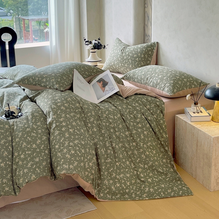 91家纺网 家纺一手货源 找家纺 宝士康家纺 2025秋冬新品高克重A类原麻暗合四件套复古加厚双层纱仿亚麻套件 森语