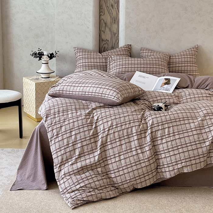 91家纺网 家纺一手货源 找家纺 宝士康家纺 2025秋冬新品高克重A类原麻暗合四件套复古加厚双层纱仿亚麻套件 素格