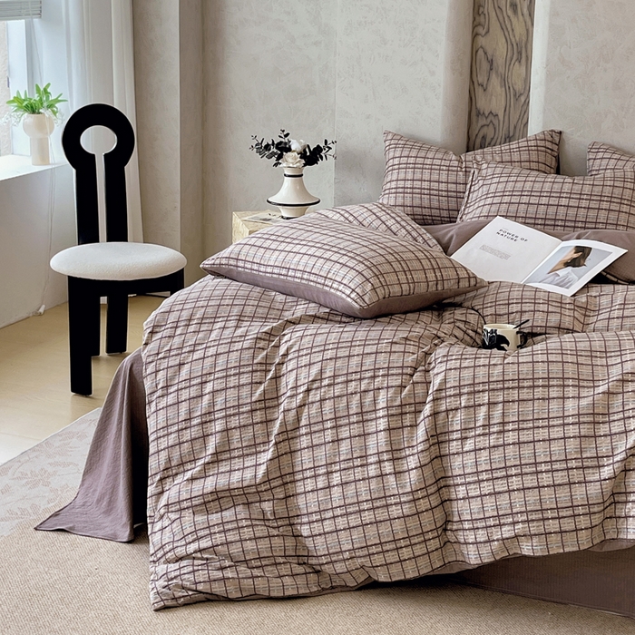 91家纺网 家纺一手货源 找家纺 宝士康家纺 2025秋冬新品高克重A类原麻暗合四件套复古加厚双层纱仿亚麻套件 素格