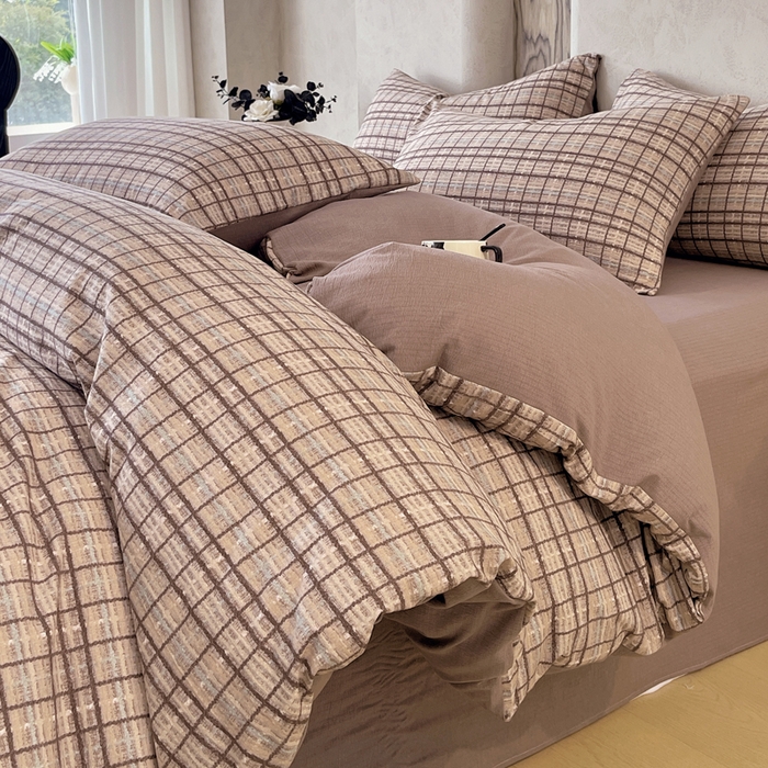 91家纺网 家纺一手货源 找家纺 宝士康家纺 2025秋冬新品高克重A类原麻暗合四件套复古加厚双层纱仿亚麻套件 素格