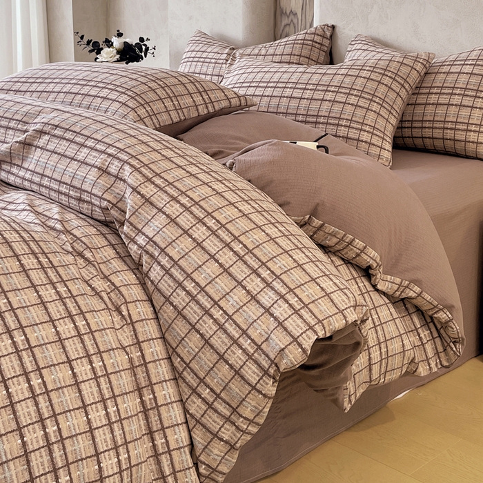 91家纺网 家纺一手货源 找家纺 宝士康家纺 2025秋冬新品高克重A类原麻暗合四件套复古加厚双层纱仿亚麻套件 素格