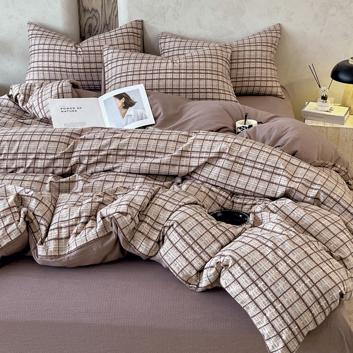 91家纺网 家纺一手货源 找家纺 宝士康家纺 2025秋冬新品高克重A类原麻暗合四件套复古加厚双层纱仿亚麻套件 素格