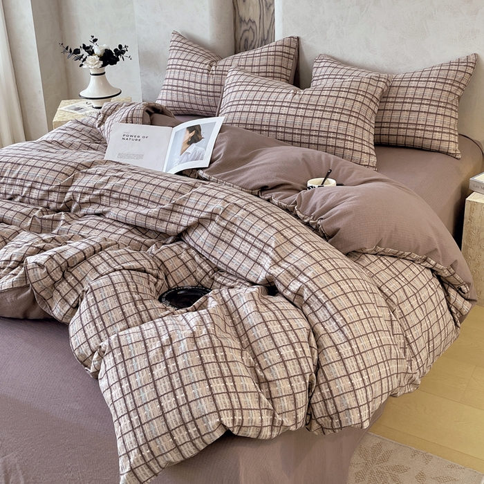 91家纺网 家纺一手货源 找家纺 宝士康家纺 2025秋冬新品高克重A类原麻暗合四件套复古加厚双层纱仿亚麻套件 素格