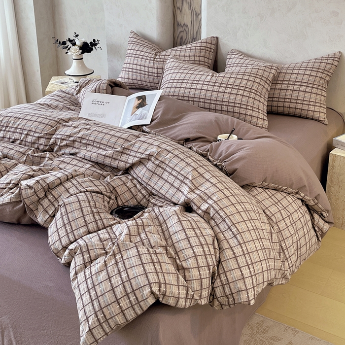 91家纺网 家纺一手货源 找家纺 宝士康家纺 2025秋冬新品高克重A类原麻暗合四件套复古加厚双层纱仿亚麻套件 素格