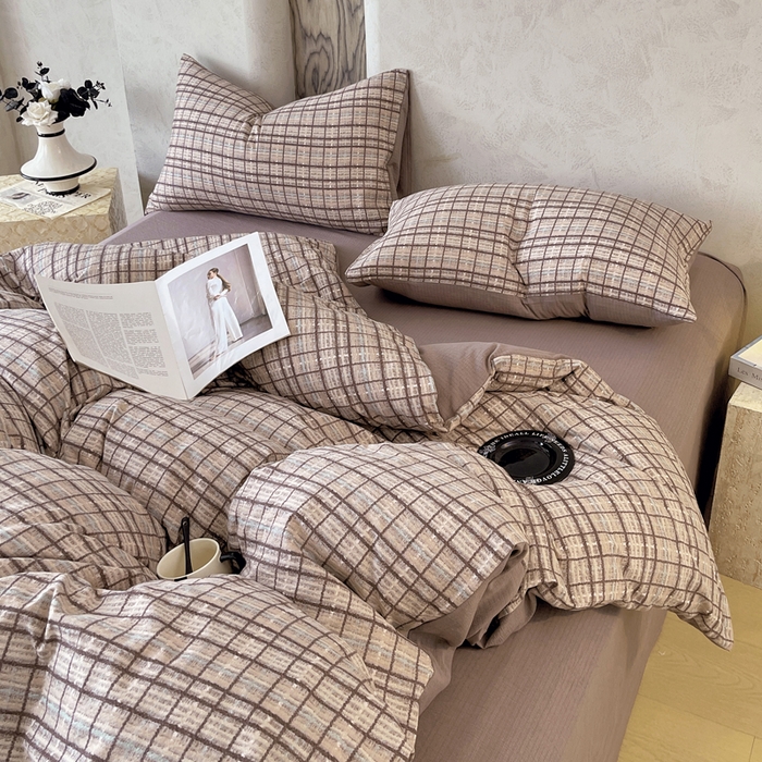 91家纺网 家纺一手货源 找家纺 宝士康家纺 2025秋冬新品高克重A类原麻暗合四件套复古加厚双层纱仿亚麻套件 素格