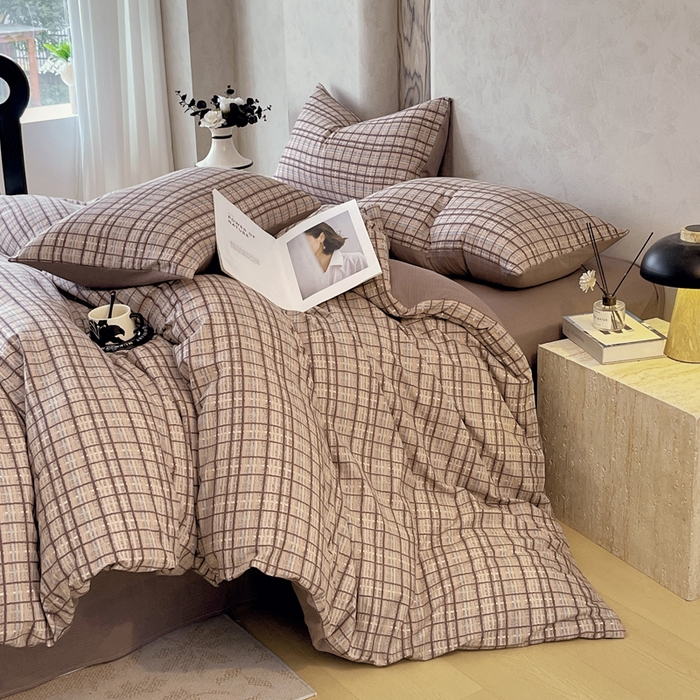 91家纺网 家纺一手货源 找家纺 宝士康家纺 2025秋冬新品高克重A类原麻暗合四件套复古加厚双层纱仿亚麻套件 素格