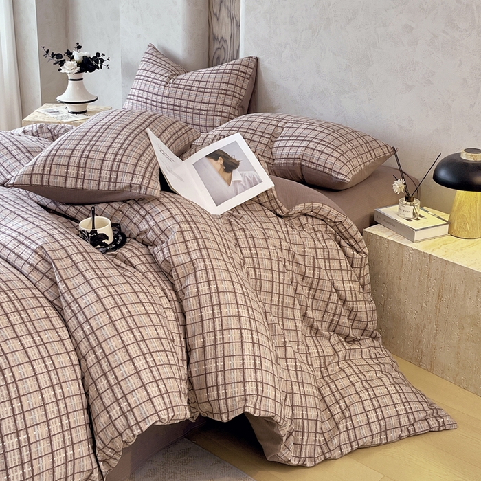 91家纺网 家纺一手货源 找家纺 宝士康家纺 2025秋冬新品高克重A类原麻暗合四件套复古加厚双层纱仿亚麻套件 素格