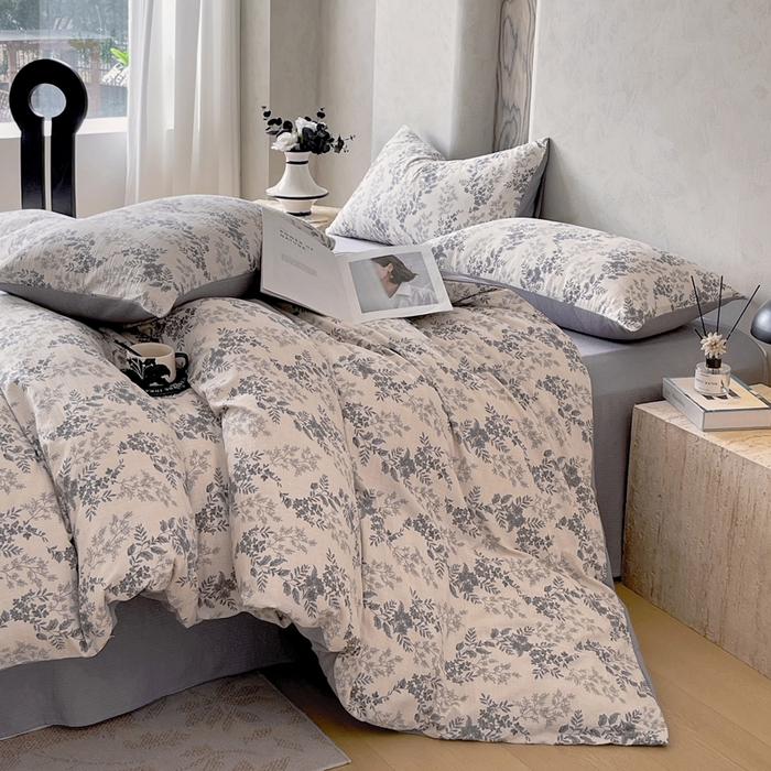 91家纺网 家纺一手货源 找家纺 宝士康家纺 2025秋冬新品高克重A类原麻暗合四件套复古加厚双层纱仿亚麻套件 素兮