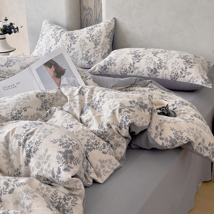 91家纺网 家纺一手货源 找家纺 宝士康家纺 2025秋冬新品高克重A类原麻暗合四件套复古加厚双层纱仿亚麻套件 素兮