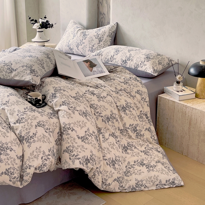 91家纺网 家纺一手货源 找家纺 宝士康家纺 2025秋冬新品高克重A类原麻暗合四件套复古加厚双层纱仿亚麻套件 素兮