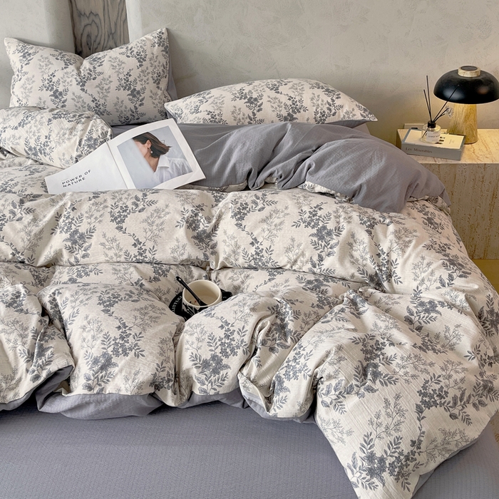 91家纺网 家纺一手货源 找家纺 宝士康家纺 2025秋冬新品高克重A类原麻暗合四件套复古加厚双层纱仿亚麻套件 素兮