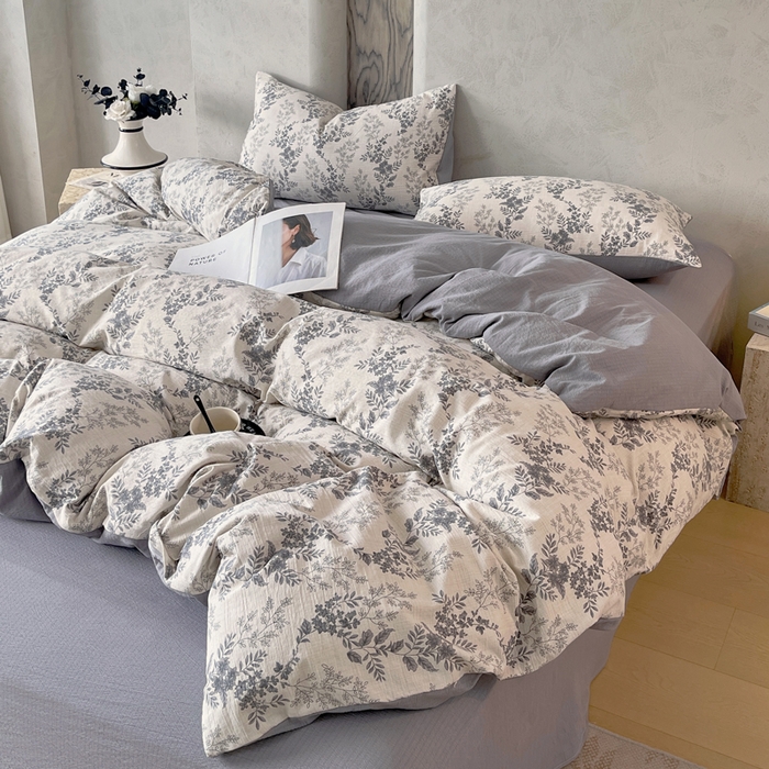 91家纺网 家纺一手货源 找家纺 宝士康家纺 2025秋冬新品高克重A类原麻暗合四件套复古加厚双层纱仿亚麻套件 素兮